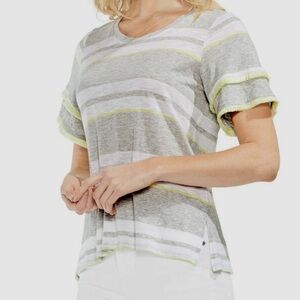 Vince Camuto Gray and Yellow Striped Short Sleeve Tee